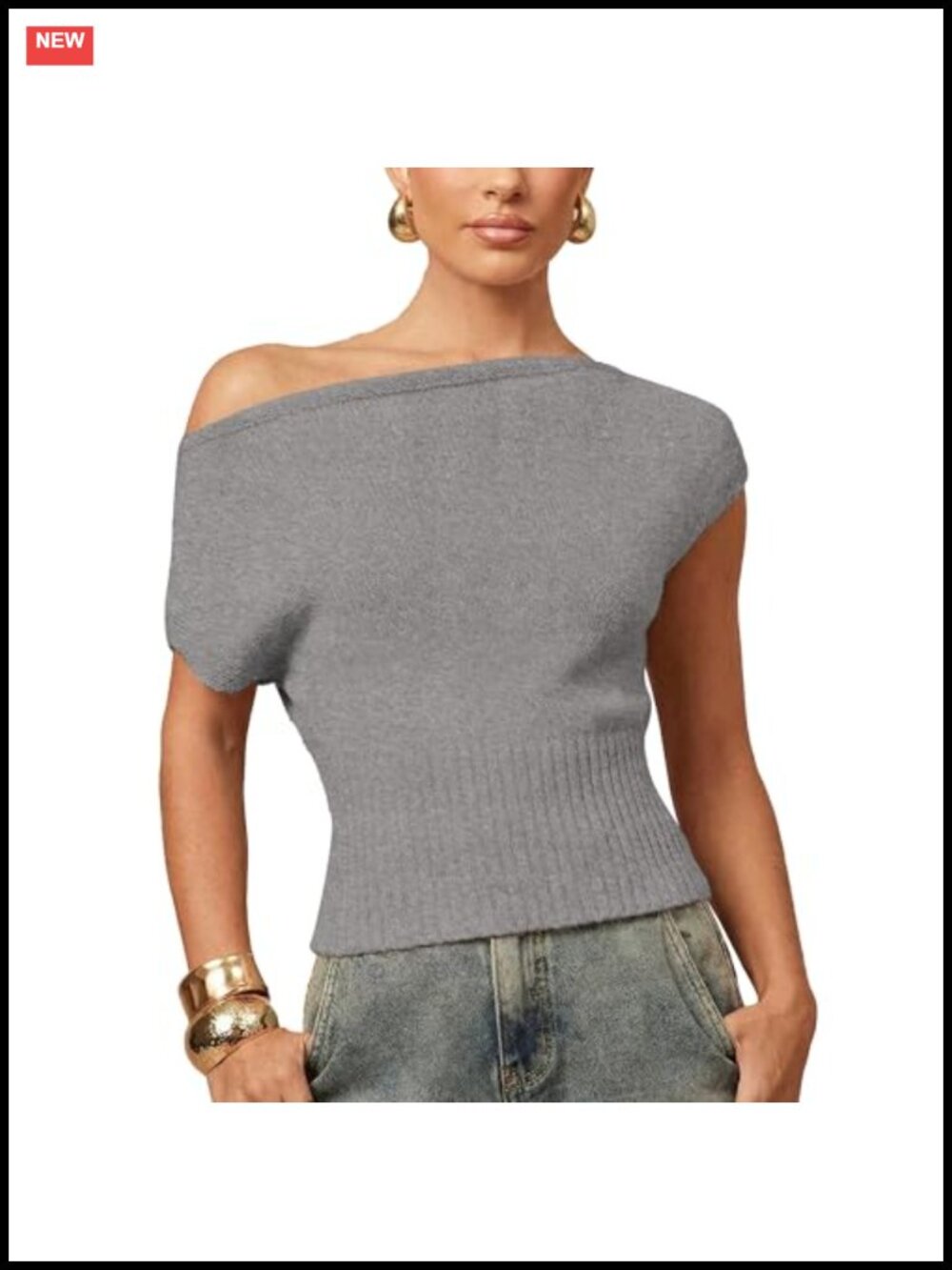 Off Shoulder Ribbed Knit Sweater Top Cap Sleeve Women Casual